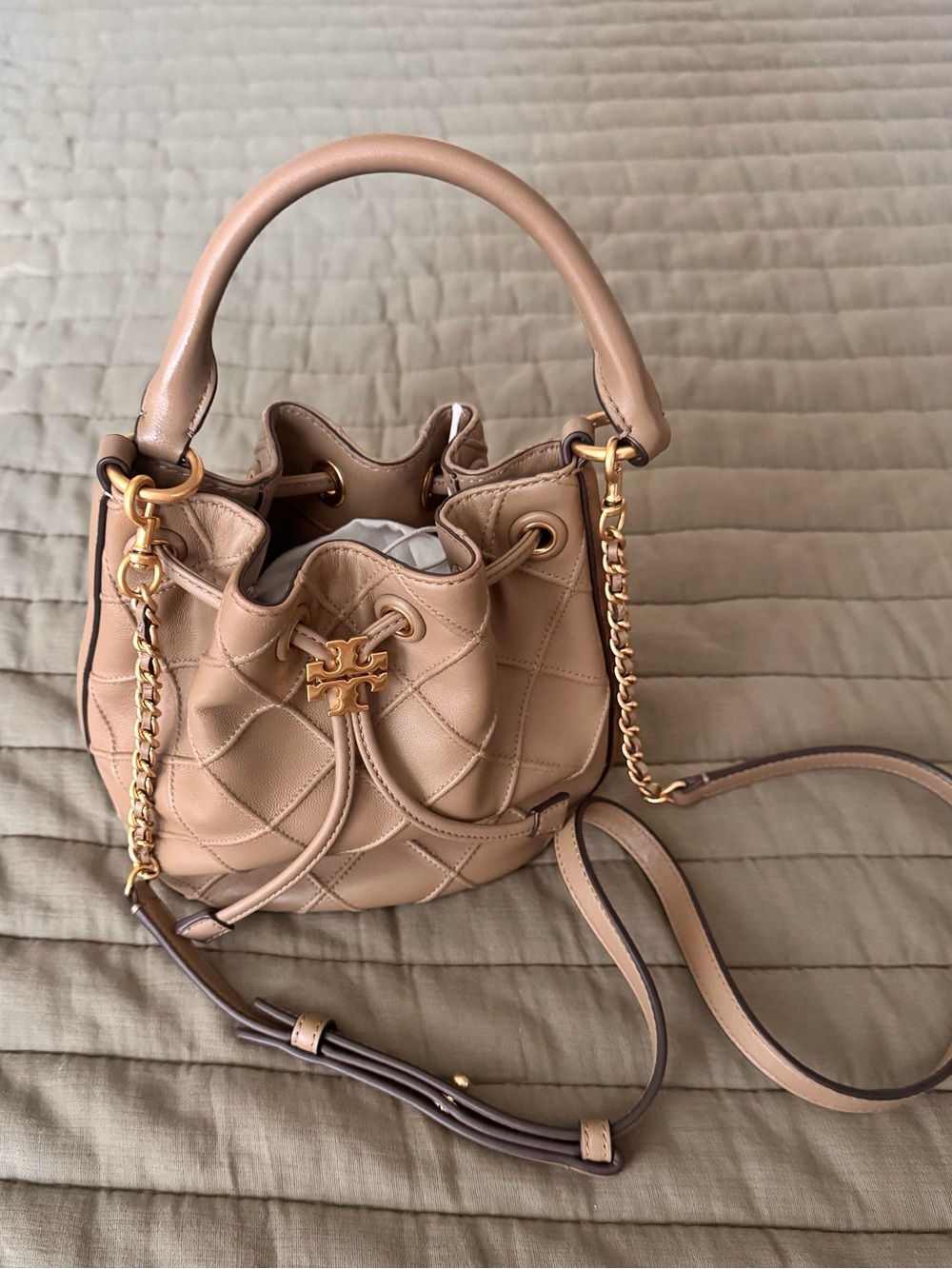 Tory Burch Tan Leather Drawstring Mini Bucket Bag